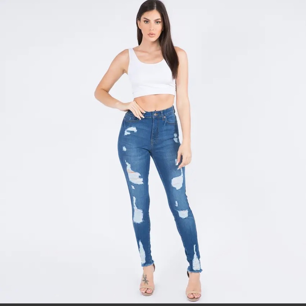 HIGH WAIST FRAYED HEM SKINNY JEANS